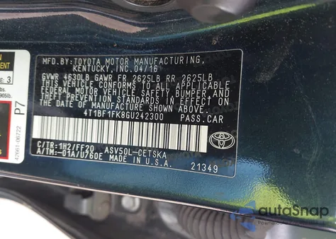 2016 Toyota Camry Se из США, поврежденный, VIN 4T1BF1FK8GU242300